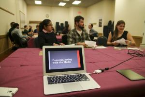 Student and early careers take part in one of the breakout activities focused on communicating with the media. Photo: Toni Klemm