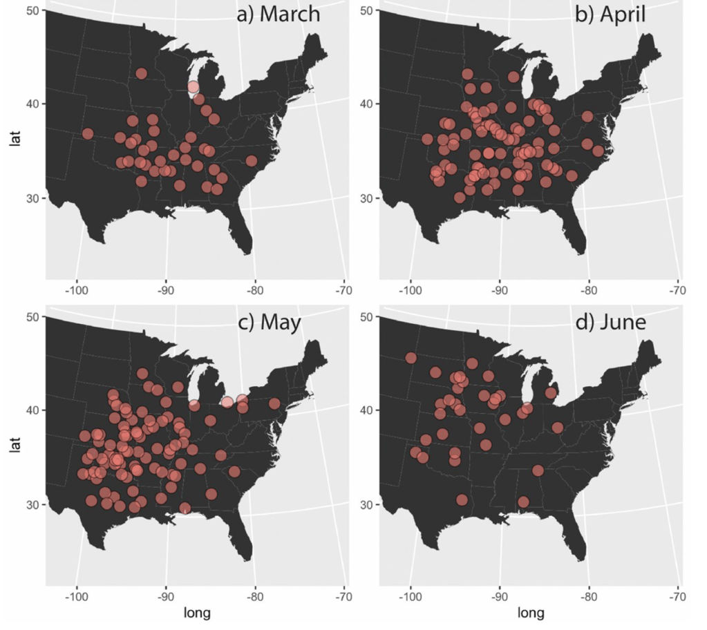 Four figures showing an illustrated map of the Eastern half of the US with red dots representing tornado outbreaks over four months
